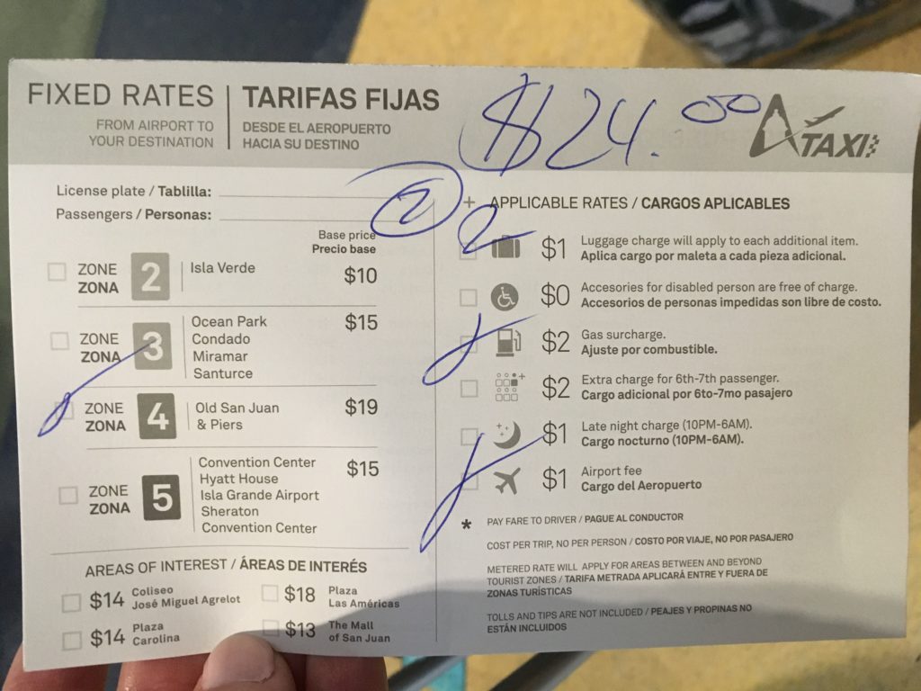 hotel in Old San Juan paper ticket for taxi rates in Puerto Rico