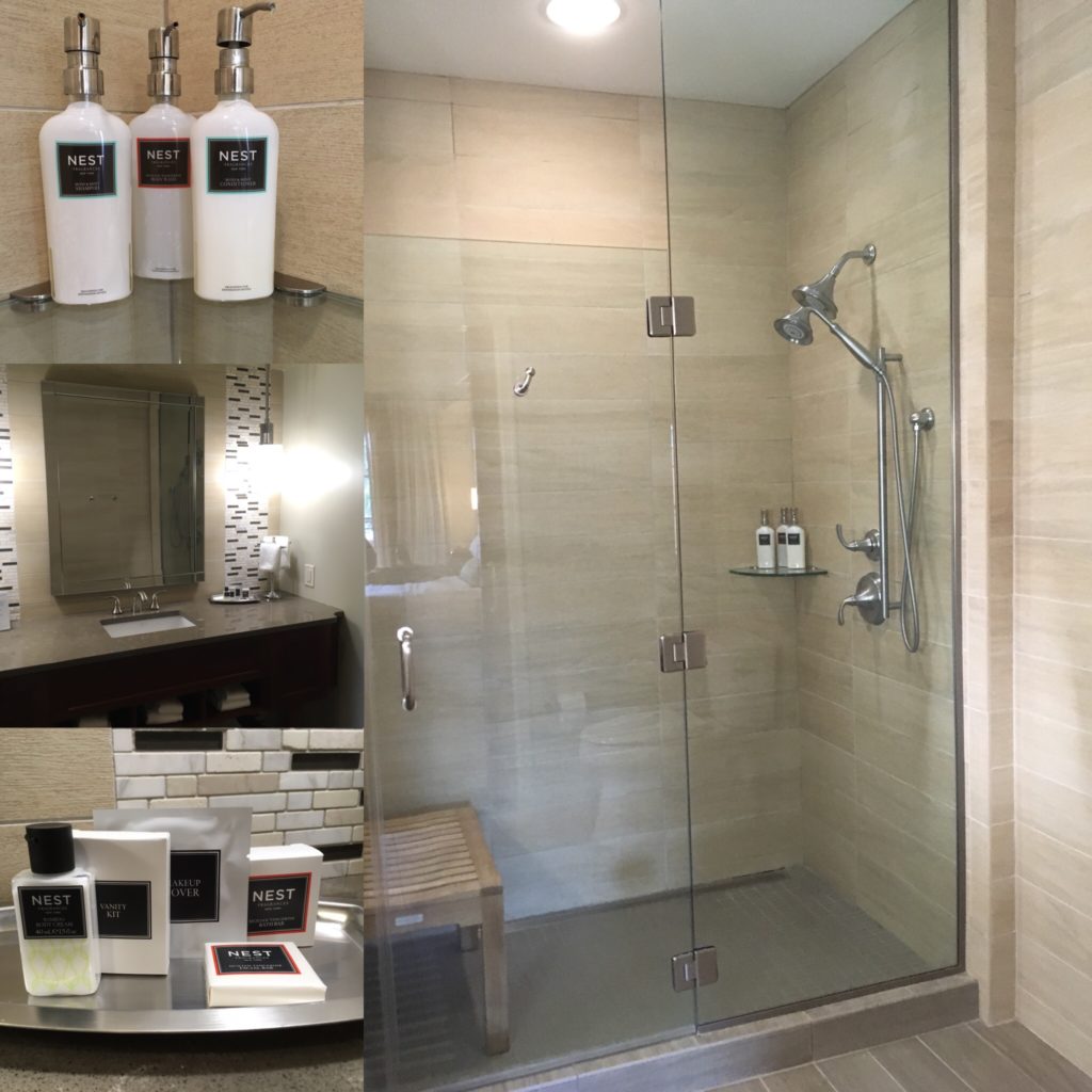 collage of toiletries and shower in Rizzo Center suite