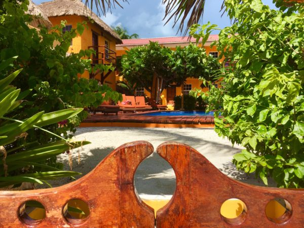 tropical foliage around an orange building