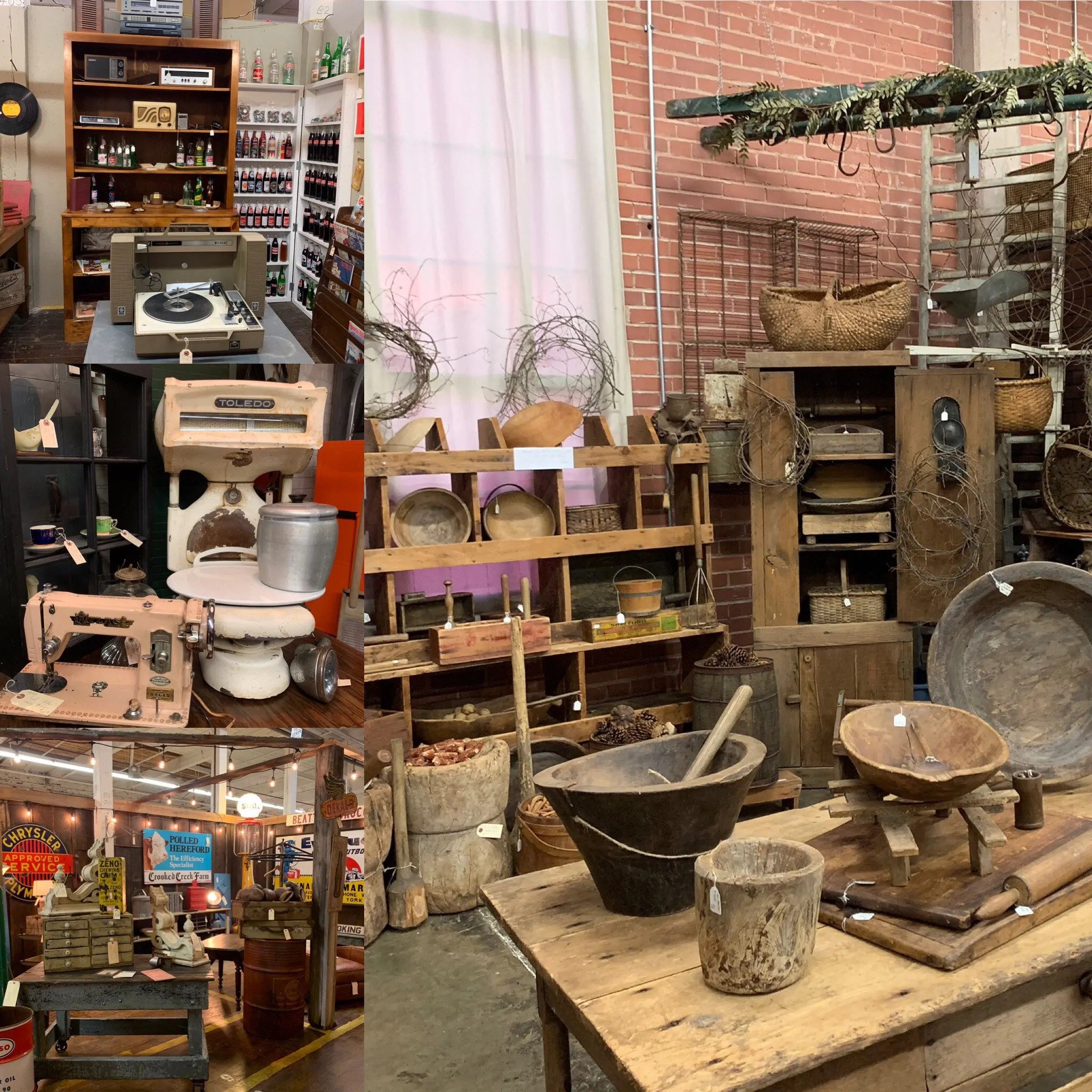 The best things to do in Concord NC in a weekend featured by top travel blog, The Common Traveler: collage of various old items for sale at a flea market at the Depot at Gibson Mill, Concord, NC