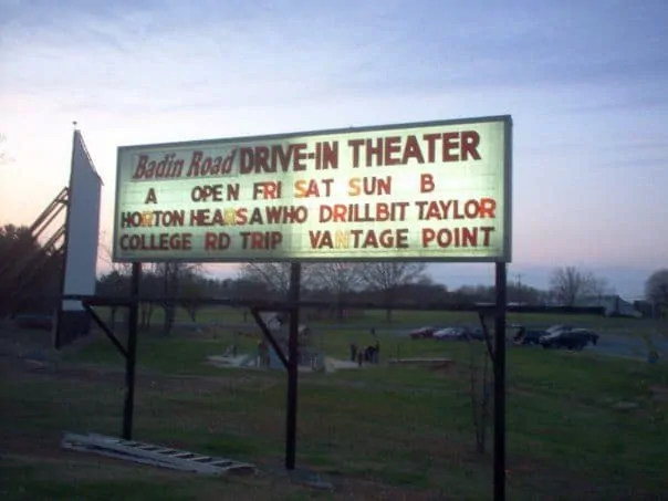 TOP 5 DRIVE-IN MOVIE THEATERS IN NC featured by top NC blog, The Common Traveler: image of Badin Road Drive-in Theater sign