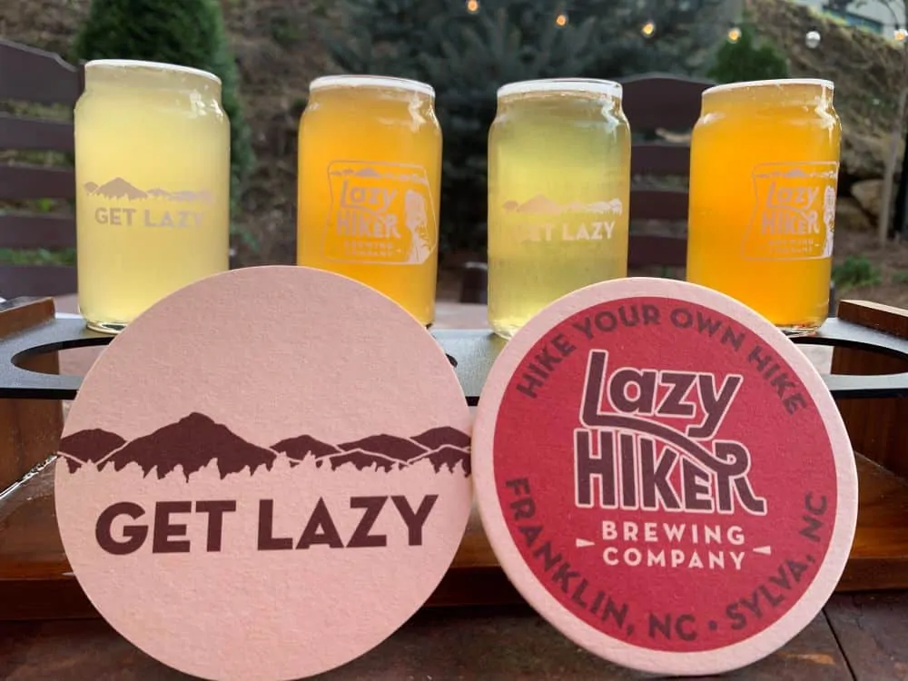 flight of beers from Lazy Hiker Brewing Company in Sylva, NC