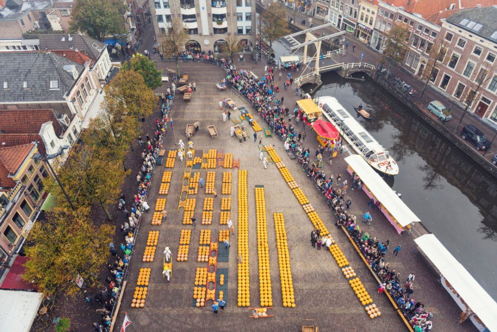 Best Sights in the Netherlands | The Common Traveler | aerial view of Alkmaar Cheese Market |Things to see in the Netherlands by popular US international blog, The Common Traveler: image of the Alkmaar Cheese Market. 