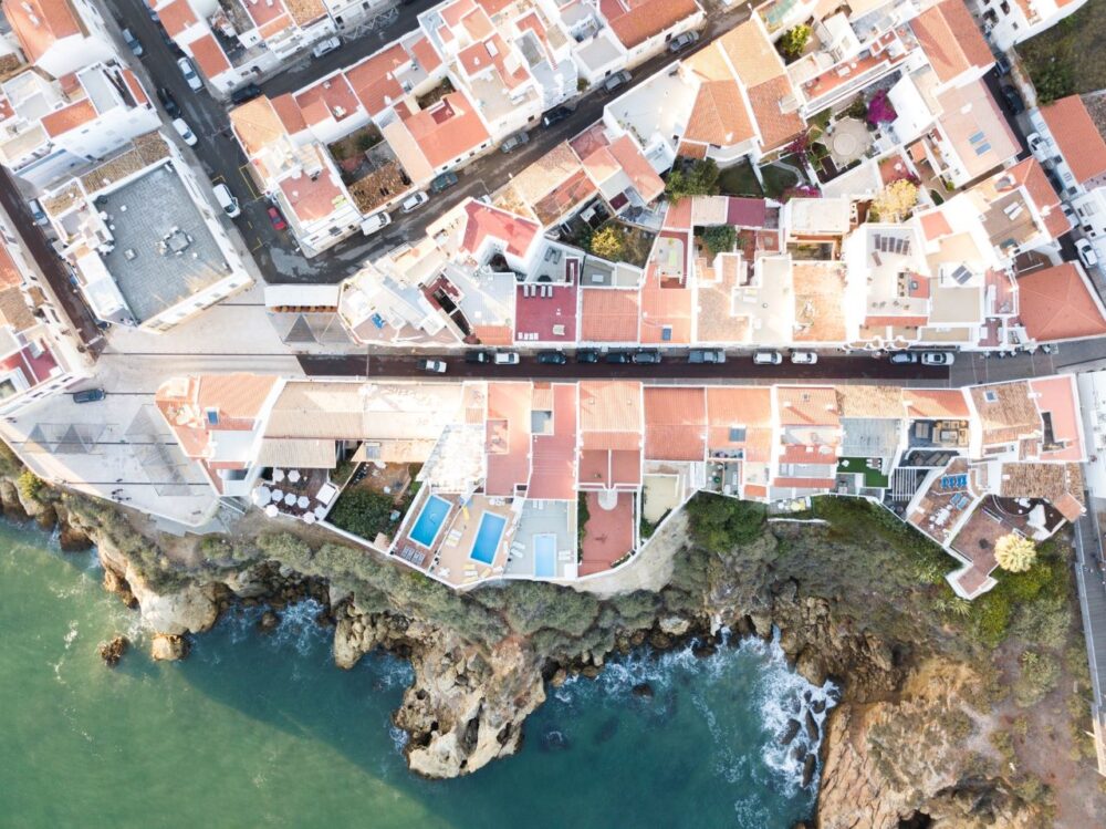 image: aerial shot of red tile roofs in Albufeira, Portugal |Things to do in Portugal by popular US international blog, The Common Traveler: image of Albufeira Portugal. 
