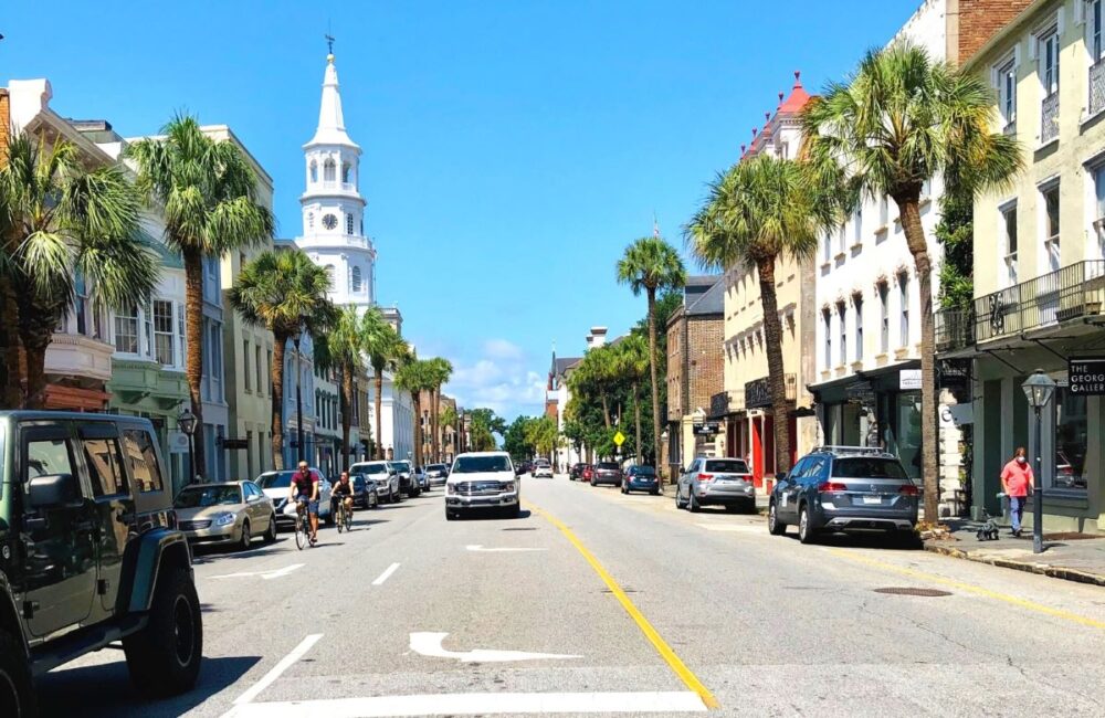 Best Places to Visit in South Carolina: image of downtown Charleston street. 