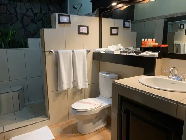 Arenal Springs Resort review featured by top international travel blogger, The Common Traveler | image: bathroom in Arenal Springs Resort