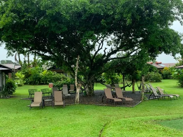 Arenal Springs Resort review featured by top international travel blogger, The Common Traveler |image: lounge chairs and hammocks under tree