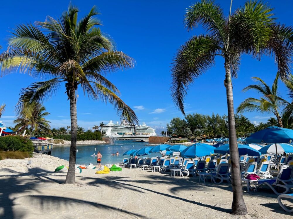 Perfect Day at CocoCay: lagoon with chairs with Jewel of the Sea ship in background