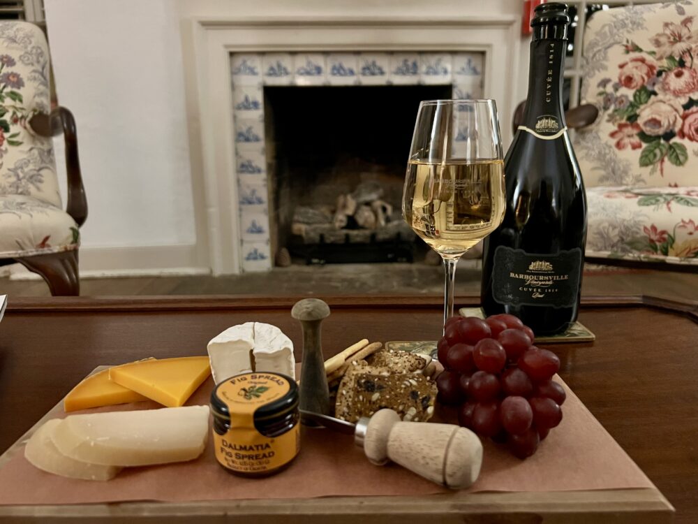 Wine and charcuterie board at 1804 Inn and Cottages