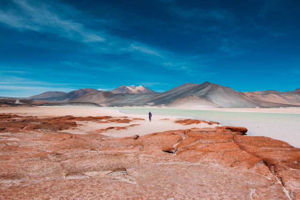 San Pedro de Atacama | The Common Traveler | image: person walking along shores of lagoons with red rocks